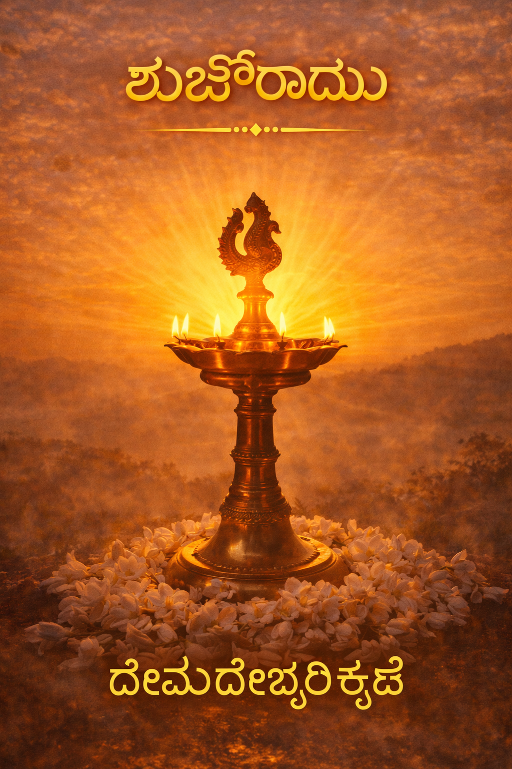 Shubhodaya Kannada good morning — traditional brass oil lamp with jasmine flowers at golden sunrise, God's blessings text — vertical WhatsApp image